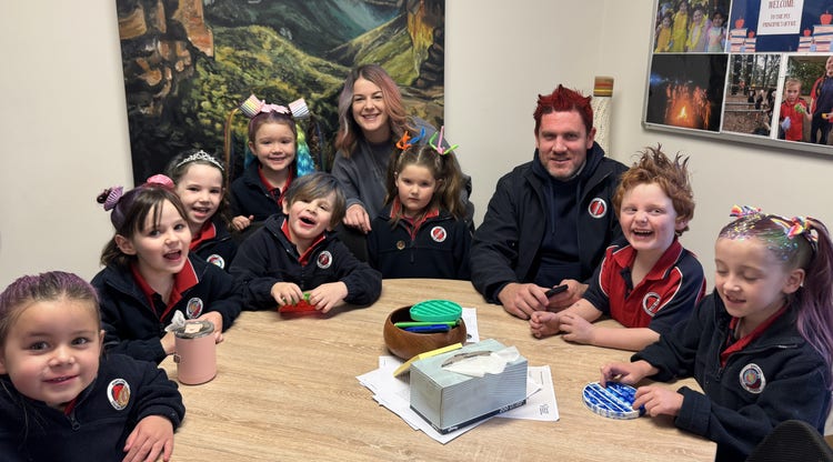 Principal and students on Crazy hair day